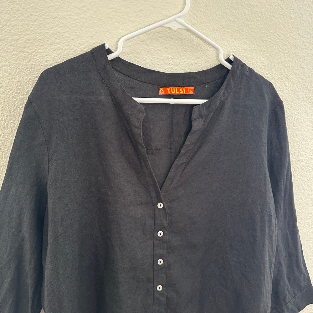 Tulsi Button Up Blouse Womens Large Black 100% Linen 3/4 Sleeve Split Neck Airy - Picture 5 of 8
